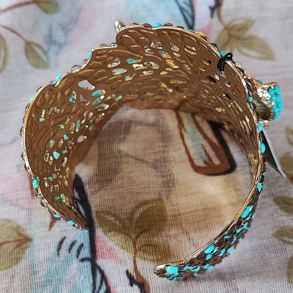 Cezanne Shiny Gold Tone Filigree Cuff Bracelet Faux Turquoise Topaz Rhinestones - Picture 10 of 14